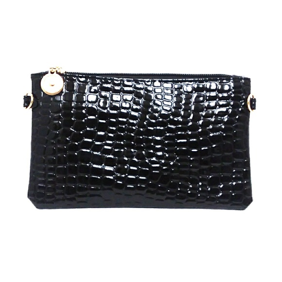 Handbags - Black Crocodile Textured Wristlet